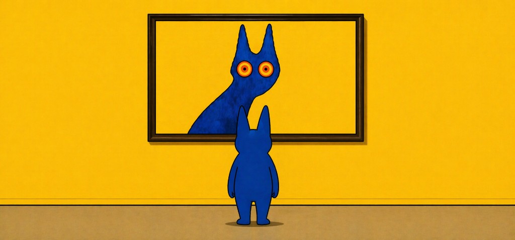 Horned Frog standing in a gallery facing Julian Winchester's Horned God framed on the wall